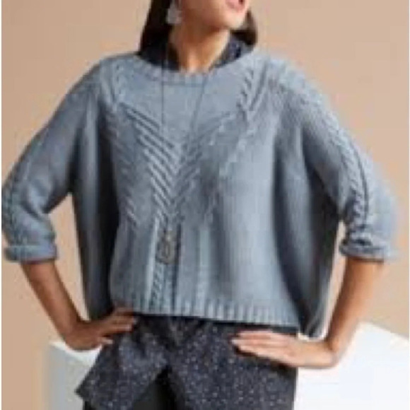 Cabi Short & Sweet Cropped Cable Knit Sweater in Dusty Blue - Size Small - Picture 1 of 7